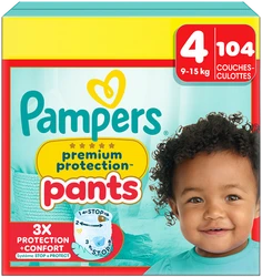 Pampers Premium Protection Luierbroekje Maat 4 Verpakking van Pampers Premium Protection Luierbroekje Maat 4, geschikt voor baby's van 9-15 kg met glimlachend kind.