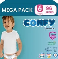 Confy Premium Luiers Maat 6 Mega Pack met afbeelding van een lachend kind.