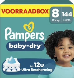 Pampers Baby-Dry Maat 8 voorraadbox met 144 luiers en afbeelding van een lachend kind.
