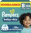 Pampers Baby-Dry Maat 8 voorraadbox met 144 luiers en afbeelding van een lachend kind.