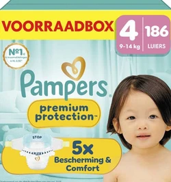 Pampers Premium Protection Maat 4 voorraadbox met 186 luiers voor 9-14 kg, featuring kindermodel.