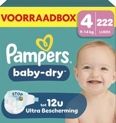 Verpakking Pampers Baby-Dry Maat 4 met afbeelding van een lachende baby.