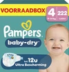 Verpakking Pampers Baby-Dry Maat 4 met afbeelding van een lachende baby.