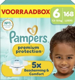 Pampers Premium Protection luiers maat 6, 168 stuks, voor 13-18 kg, met afbeelding van een kind.