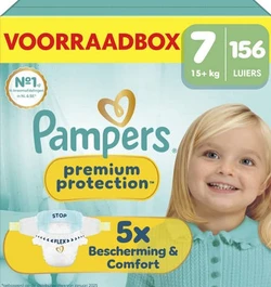 Pampers Premium Protection Maat 7 voorraadbox met 156 luiers en een lachend kindje.