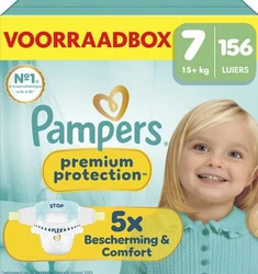 Pampers Premium Protection Voorraadbox Maat 7 met 156 Luiers Pampers Premium Protection Maat 7 voorraadbox met 156 luiers en een lachend kindje.