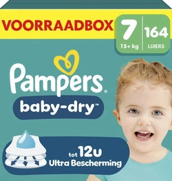Vooraanzicht van Pampers Baby-Dry Maat 7 voorraadbox met 164 luiers en foto van lachend kind.