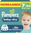 Vooraanzicht van Pampers Baby-Dry Maat 7 voorraadbox met 164 luiers en foto van lachend kind.