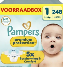 Pampers Premium Protection Maat 1 voorraadbox met afbeelding van baby.