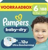Pampers Baby-Dry Maat 6 voorraadbox met 188 luiers en foto van baby.