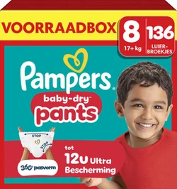 Pampers Baby-Dry Maat 8 voorraadbox met 136 luierbroekjes en afbeelding van vrolijk kind.