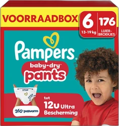 Pampers Baby-Dry Maat 6 Luierbroekjes Voorraadbox Pampers Baby-Dry Maat 6 voorraadbox met 176 luierbroekjes, met kind en productinformatie op de voorkant.