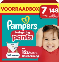Pampers Baby-Dry Maat 7 luierbroekjes voorraadbox, 148 stuks, met lachende peuter.