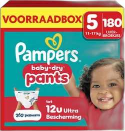 Pampers Baby-Dry Maat 5 voorraadbox met 180 luierbroekjes en lachend kind.