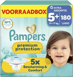 Pampers Premium Protection Maat 5+ luiers met extra absorptie en afbeelding van lachend kind.