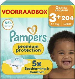 Pampers Premium Protection maat 3+, 204 luiers, voorraadbox, 7-11 kg, met baby en luier afbeelding.