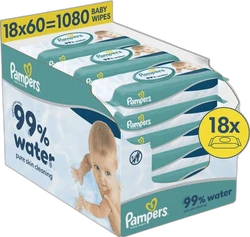 Verpakking Pampers babydoekjes, 99% water, 18 x 60 stuks, baby afgebeeld