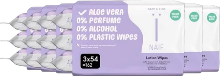 Gestapelde Naïf Lotion Wipes value packs in paars en wit met aloe vera en 0% claims.