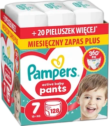 Grote Pampers Active Baby Pants verpakking maat 7 met 128 luierbroekjes en kind op de doos