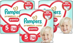 Pampers Premium Care Pants maat 5 met 50 luierbroekjes Drie verpakkingen Pampers Premium Care Pants maat 5 met 50 luierbroekjes en kindergezicht
