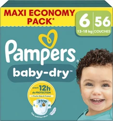 Pampers Baby-Dry maat 6 voordeelpak met 56 luiers Pampers Baby-Dry verpakking maat 6 met 56 luiers, turquoise doos en lachend kindje op de voorkant