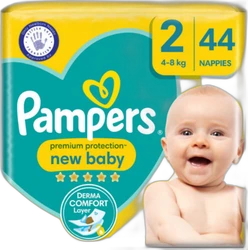 Verpakking Pampers Premium Protection new baby maat 2 met 44 luiers, 4-8 kg, geel turquoise en babyfoto
