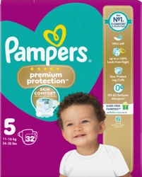 Paarse Pampers Premium Protection verpakking maat 5 met 32 luiers en babyfoto