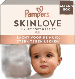 Pampers Skinlove maandbox luiers met babyfoto Verpakking van Pampers Skinlove maandbox met baby en ouder, slogan zacht voor de huid sterk tegen lekken