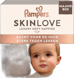 Pampers Skinlove maandbox luiers met babyfoto Verpakking van Pampers Skinlove maandbox met baby en ouder, slogan zacht voor de huid sterk tegen lekken