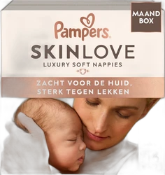 Pampers Skinlove maandbox met 116 luiers maat 1 Verpakking Pampers Skinlove maandbox met moeder en baby en crèmekleurige met koperkleurige vormgeving.