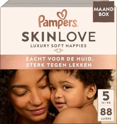 Pampers Skinlove luierdoos maat 5 met 88 luiers, moeder en baby op de verpakking