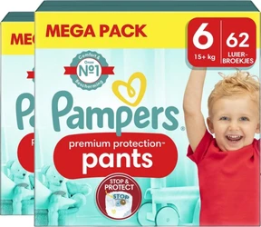 Twee verpakkingen Pampers Premium Protection Pants maat 6 met 62 luierbroekjes per pack en kind op de doos