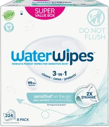 Voorkant van WaterWipes sensitive on the go voordeelbox met 8 pack en 224 babydoekjes