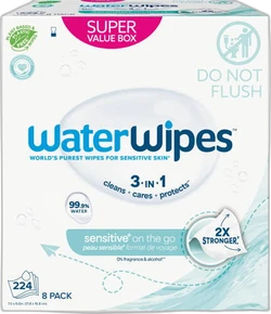 Voorkant van WaterWipes sensitive on the go voordeelbox met 8 pack en 224 babydoekjes