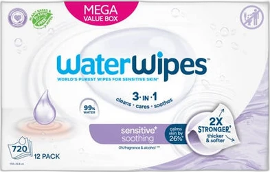 Verpakking WaterWipes sensitive+ soothing megabox met 12-pack en 720 doekjes op witte achtergrond