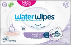 Verpakking WaterWipes sensitive+ soothing megabox met 12-pack en 720 doekjes op witte achtergrond