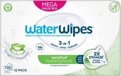 Verpakking WaterWipes Hydrating Clean 12-pak met 720 sensitive doekjes, aloe vera en 3-in-1 hydratatie