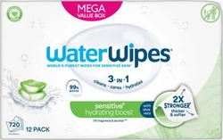 Verpakking WaterWipes Hydrating Clean 12-pak met 720 sensitive doekjes, aloe vera en 3-in-1 hydratatie