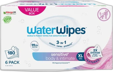 Witte value box WaterWipes Sensitive+ Body & Intimate XL met 6 pack en 180 doekjes