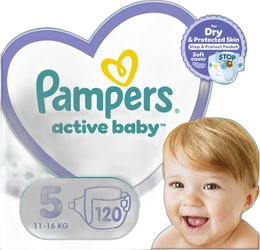 Pampers Active Baby Dry maat 5 met 120 luiers Pampers Active Baby verpakking met maat 5, 120 luiers, dry protect badge en lachende baby
