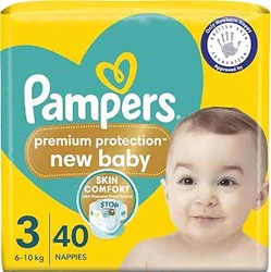 Pampers New Baby maat 3 verpakking met 40 luiers Gele Pampers New Baby verpakking maat 3 met 40 luiers en afbeelding van een baby
