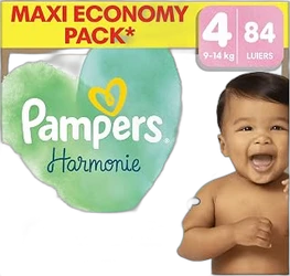 Pampers Harmonie verpakking met groen hart, maat 4, 84 luiers en lachende baby op zwarte achtergrond