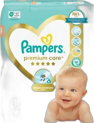 Verpakking Pampers Premium Care luiers in turquoise met hartlogo en lachende baby.