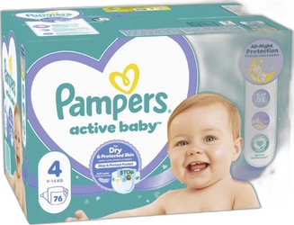 Teal Pampers Active Baby-Dry doos maat 4 met 76 luiers en afbeelding van lachende baby.