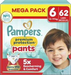 Verpakking Pampers Premium Protection Pants maat 6 met 62 luierbroekjes en afbeelding van lachend kind.