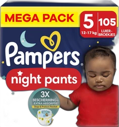 Pampers Night Pants Mega Pack maat 5 met 105 luierbroekjes Pampers Night Pants Mega Pack maat 5, 105 luierbroekjes, met slapend kindje op donkerblauwe verpakking