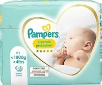 Turquoise verpakking Pampers Preemie Protection P1 luiers met babyafbeelding en maatindicatie