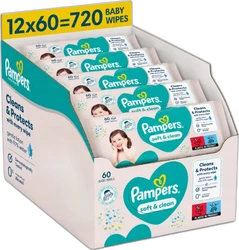 Displaydoos met 12 pakken Pampers Soft & Clean babydoekjes van 60 doekjes per pak