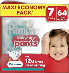 Verpakking Pampers Baby-Dry Pants maat 7 met 64 luierbroekjes en lachend kind op rode achtergrond
