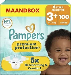Verpakking Pampers Premium Protection maat 3+ maandbox met 100 luiers en lachende baby